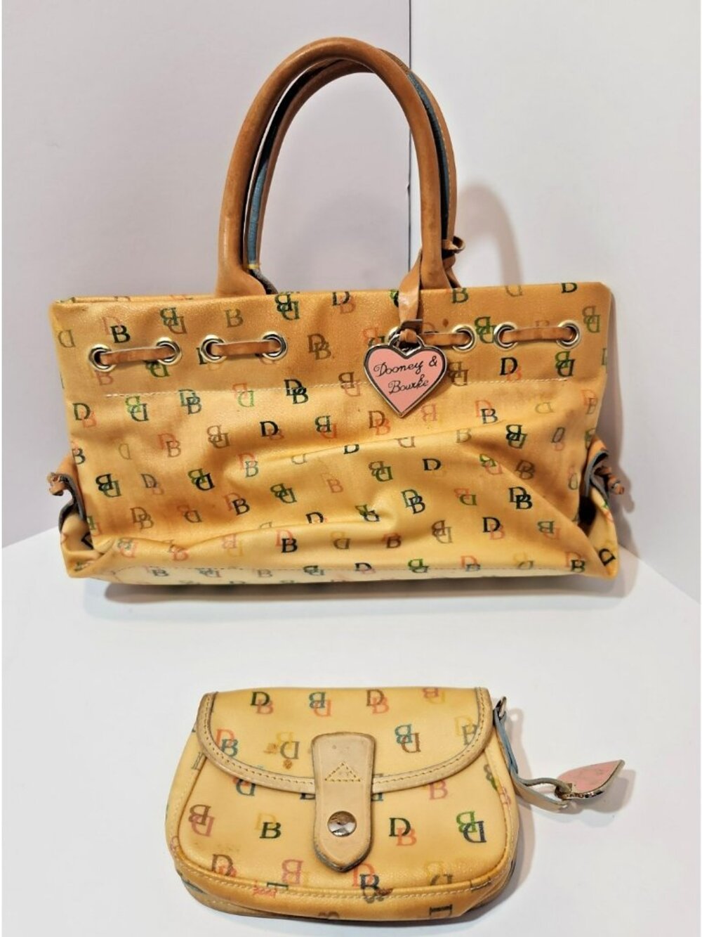 Vtg Dooney & Bourke Yellow Vinyl Handbag Purse w/Leather Straps Y2k W/Coin Purse